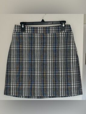Nine West Plaid Lined Mini Pencil Skirt Gray/Blue Side Zip Preppy Size Small